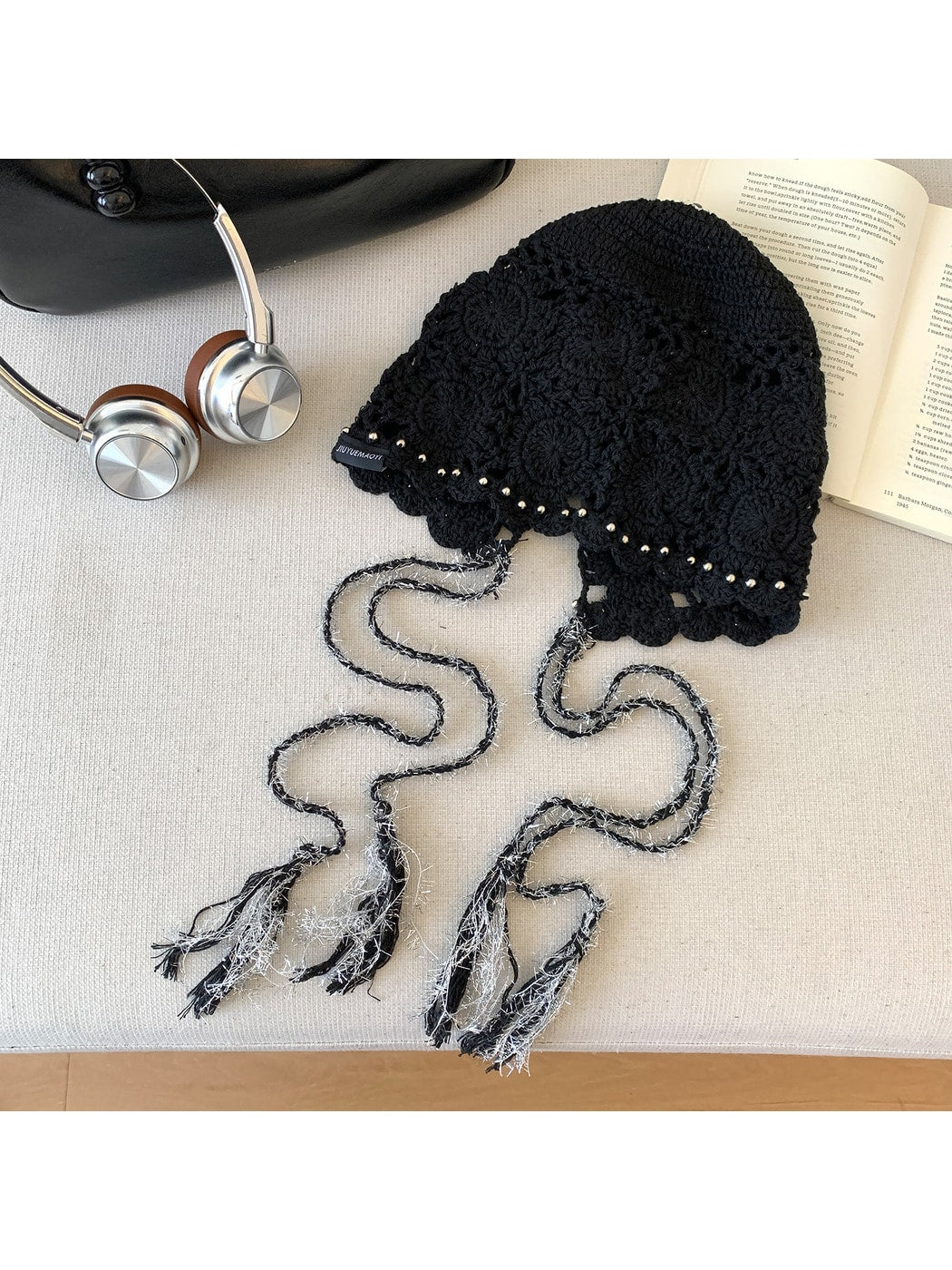 Haila - Women's Floral Openwork Tie Strap Beanie