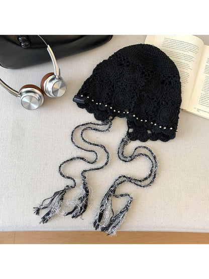 Haila - Women's Floral Openwork Tie Strap Beanie