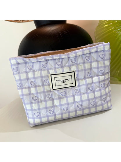 Cosbai - Gingham Heart Pattern Quilted Makeup Pouch