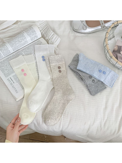 Rufia - Button Detail Ribbed Solid Color Crew Socks