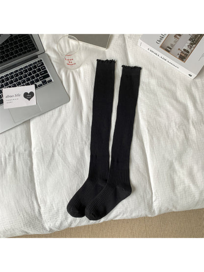 Rufia - Ribbed Knee High Socks with Scalloped Trim