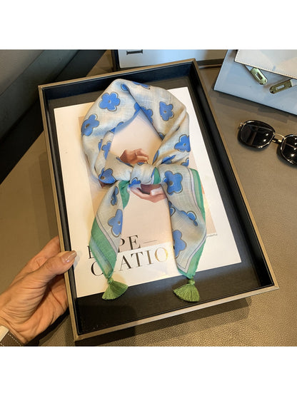 Scarvii - Blue Floral Print Tassel Detail Square Scarf