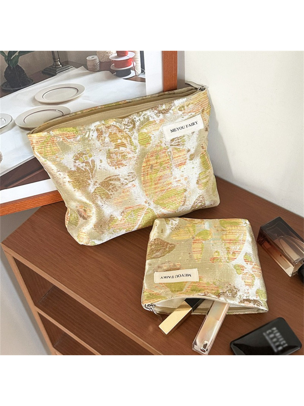 Cosbai vintage inspired floral makeup bag on white background