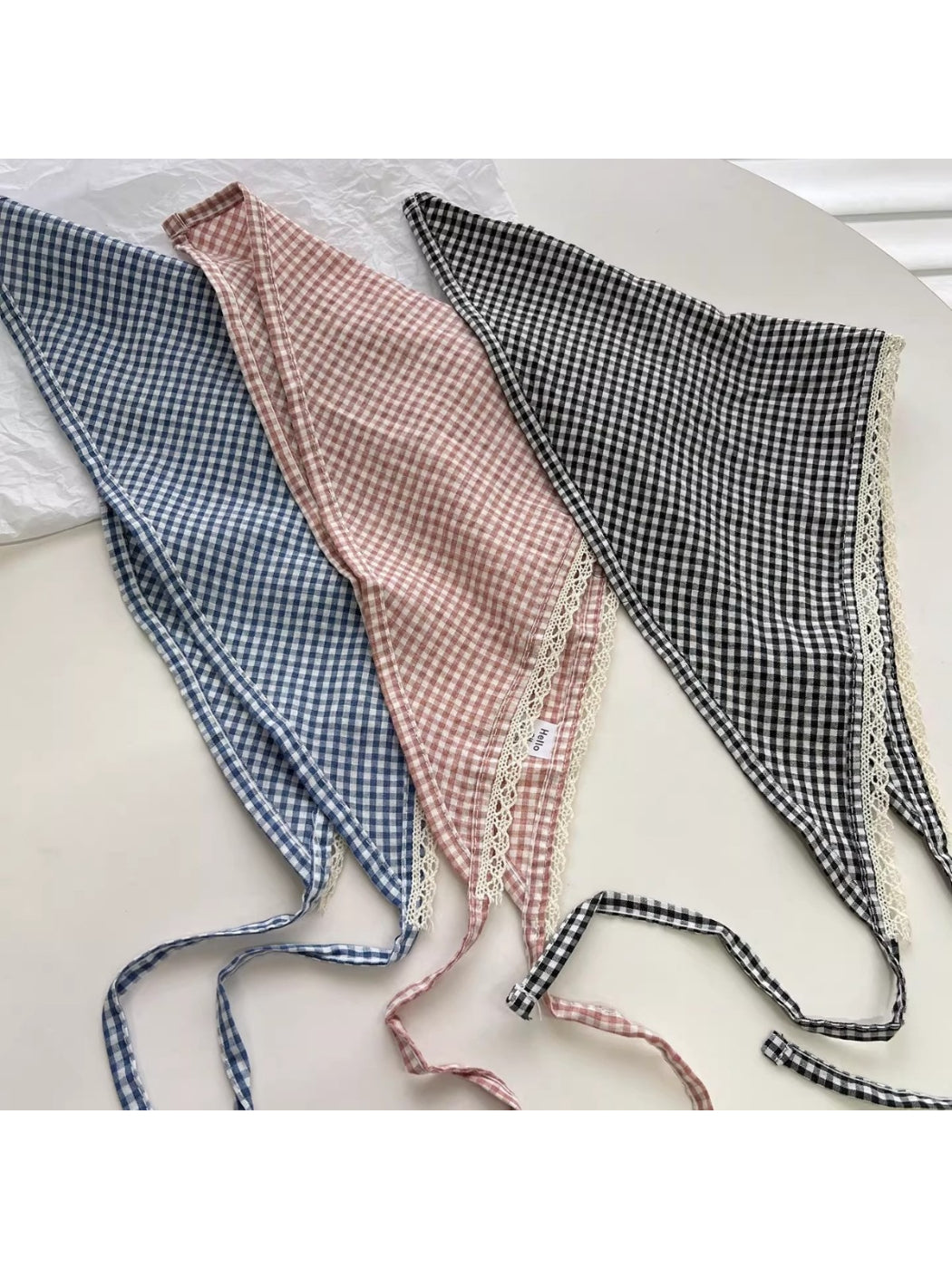 Scarvii - Elegant Lace Trim Gingham Triangle Scarf