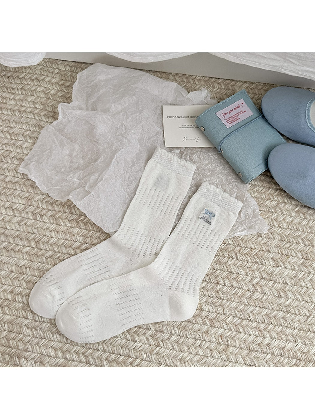 Rufia - Bow and Embroidery Detail Openwork Crew Socks