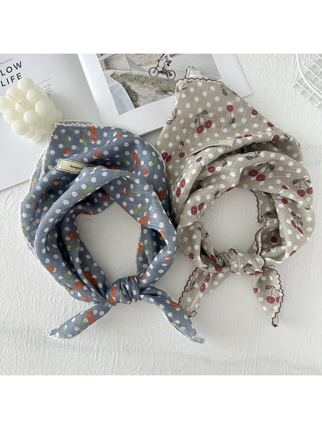 Scarvii - Vintage Cherry Pattern Polka Dot Neck Scarf