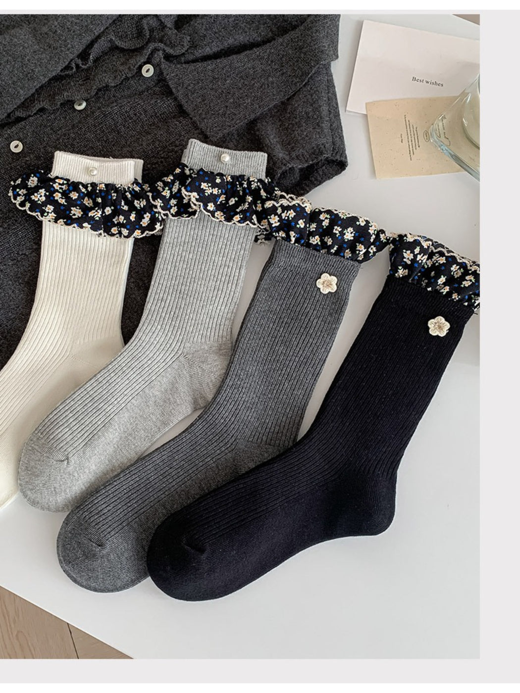 Rufia - Ruffled Floral Trim Crew Socks