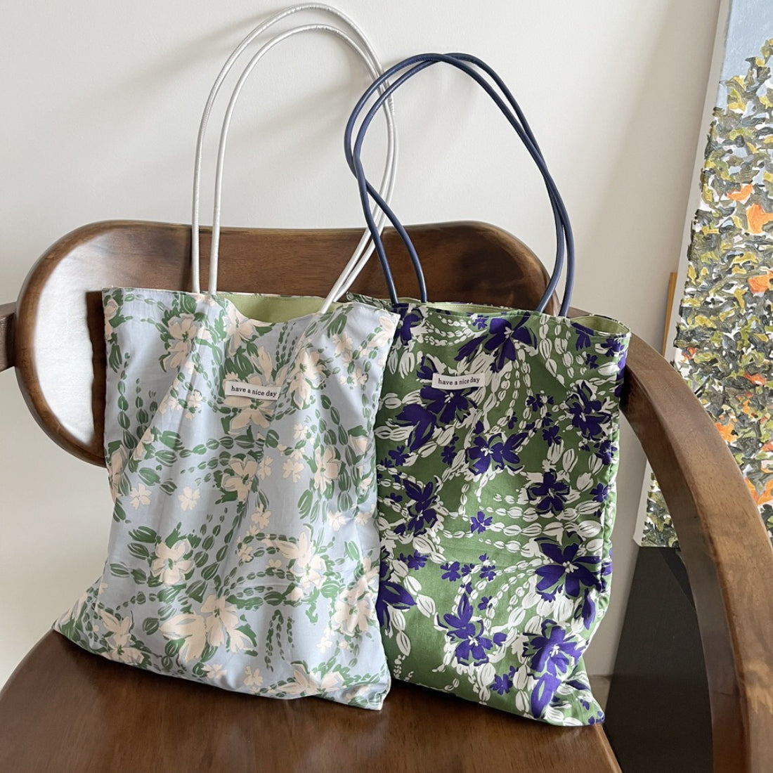 Cosbai Soft Bloom print shoulder tote bag with floral pattern on beige background