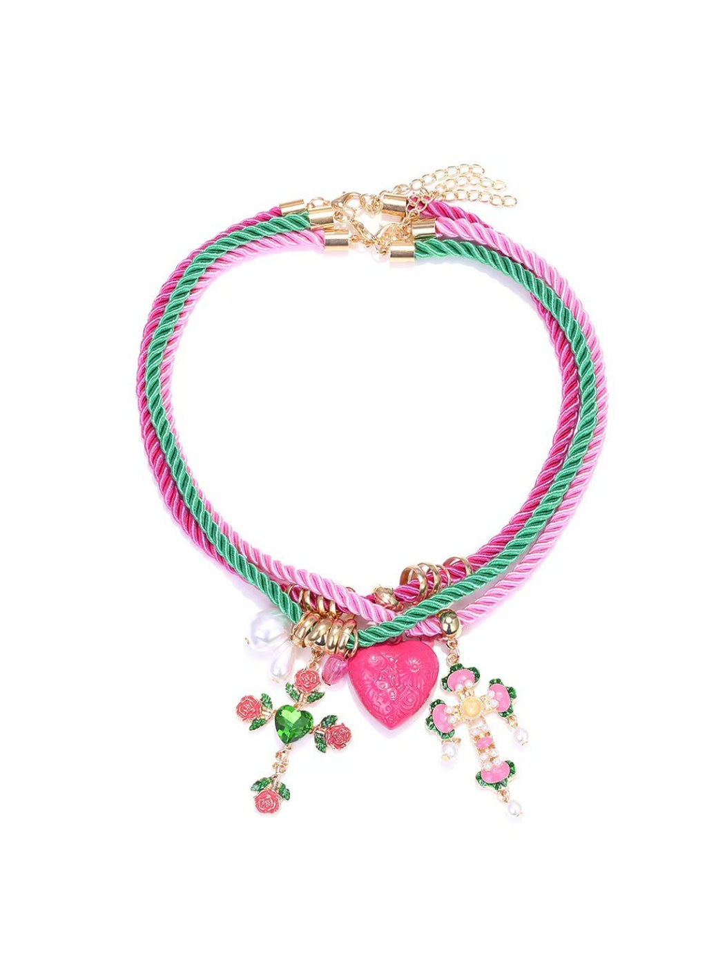 Side view of Neckit color rope charm necklace highlighting heart charm