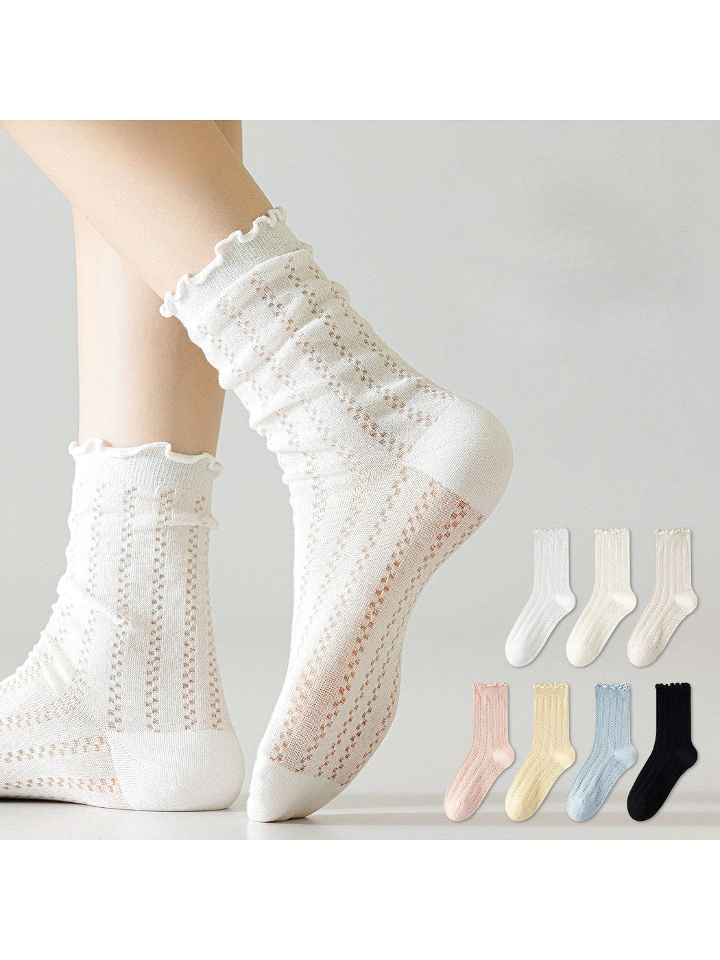 Rufia - Solid Color Openwork Ribbed Ruffle Cuff Crew Socks