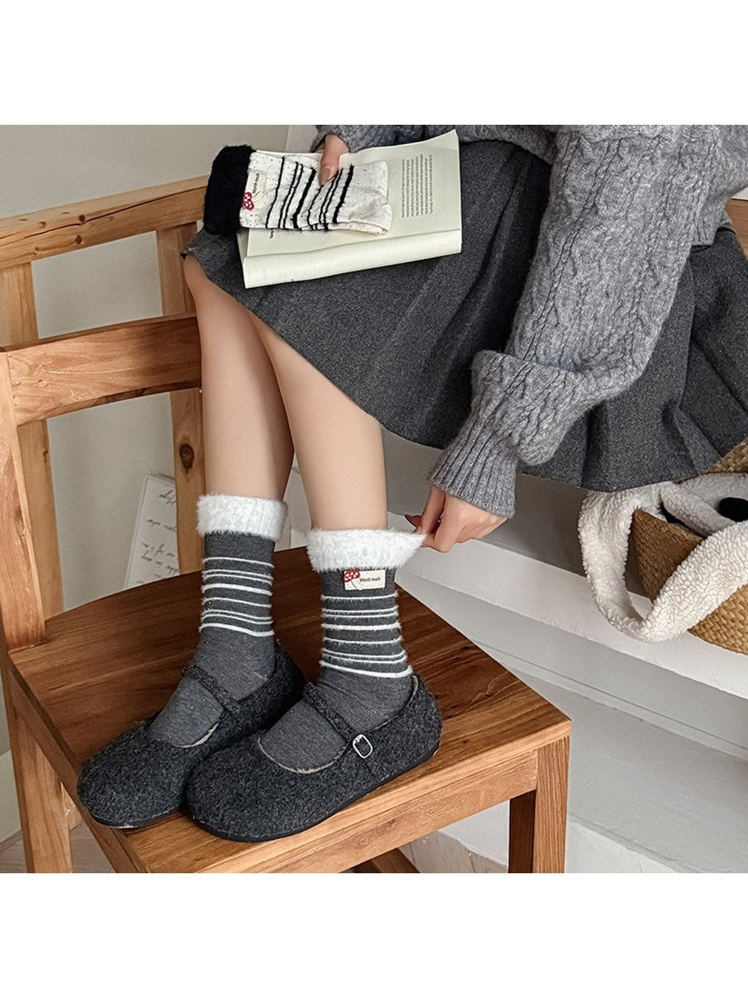 Rufia - Mushroom Label Plush Cuffs Striped Crew Socks