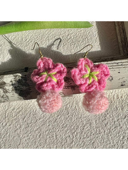 Earwish - Pink Crochet Flower Shaped Earrings