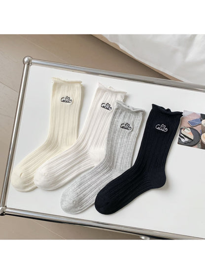 Rufia - Cat Embroidery Ribbed Crew Socks product image 1