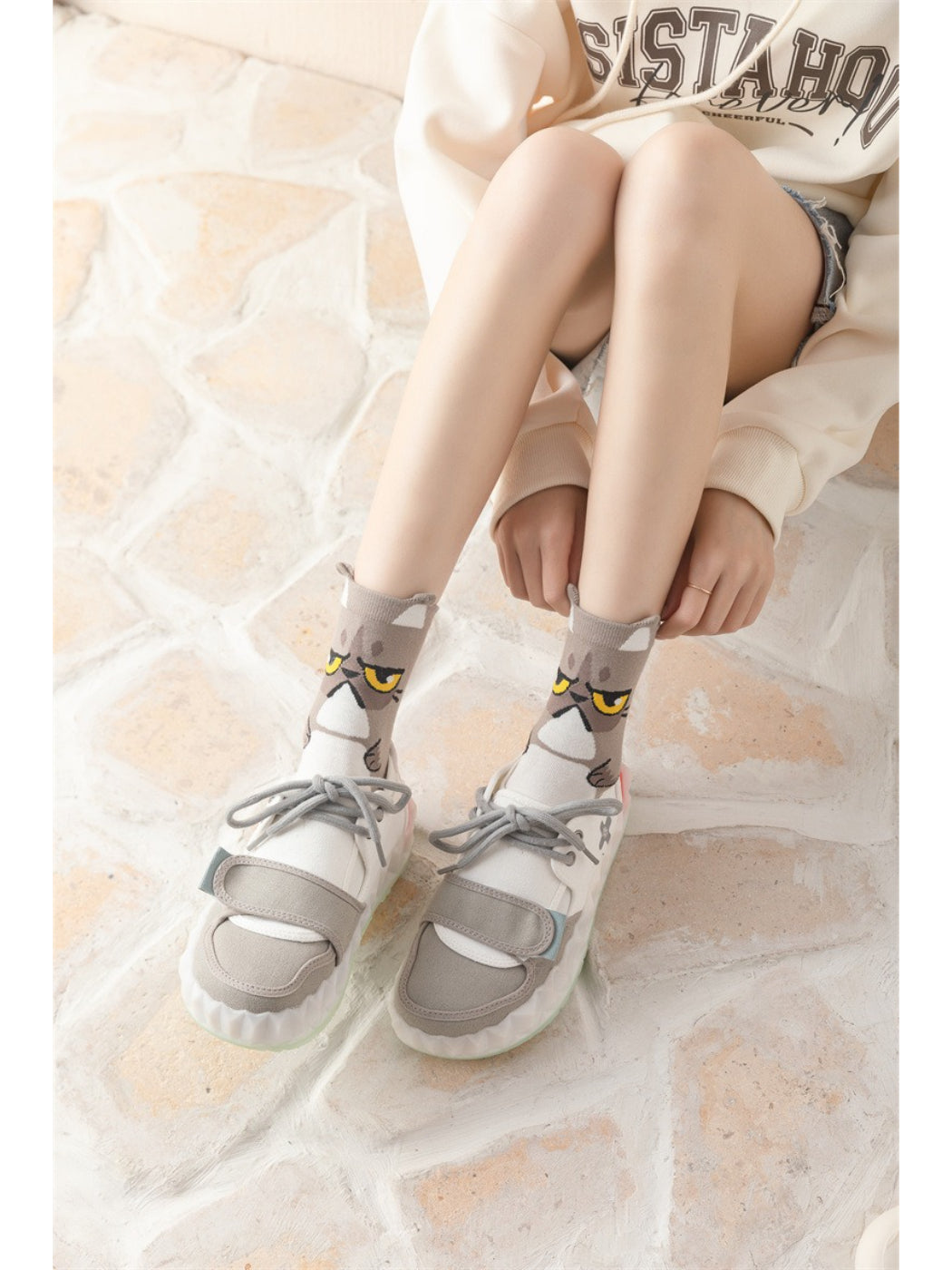 Rufia - Playful Kitty Faces Crew Socks