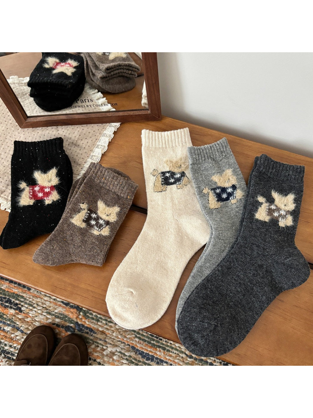Rufia - Cute Winter Puppy Motif Crew Socks