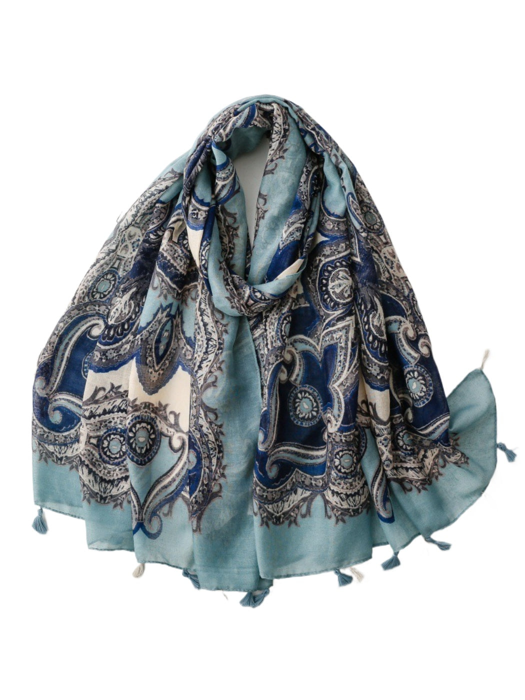 Scarvii Paisley Tassel Lightweight Scarf folded showing intricate paisley pattern and tassel edges
