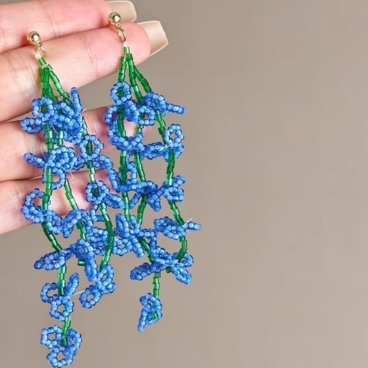 Earwish - Blue Beaded Iris Floral Earrings - Graceful & Flowing
