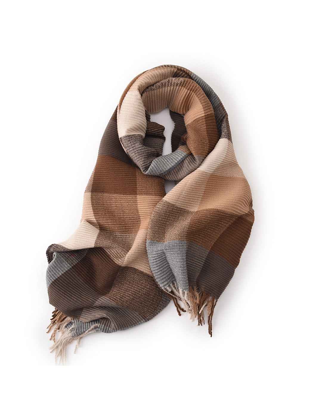 Scarvii - Ribbed Colorblock Plaid Fringed Scarf