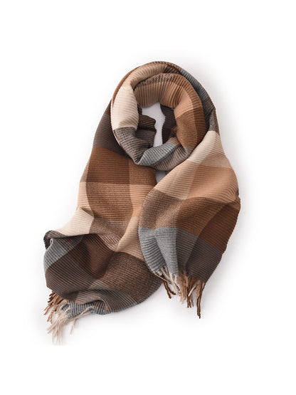 Scarvii - Ribbed Colorblock Plaid Fringed Scarf