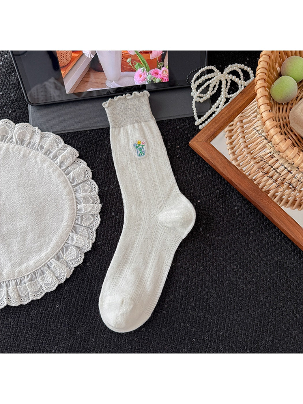 Rufia - Floral Embroidered Ruffle Crew Socks