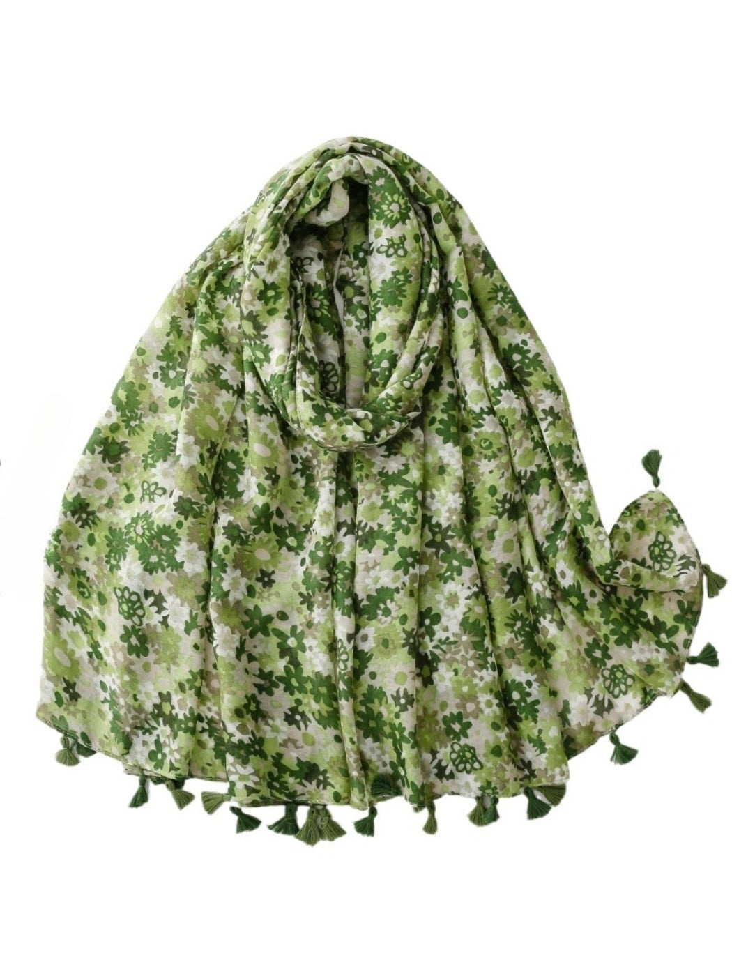 Model wearing bright ditsy floral wrap scarf styled around neck