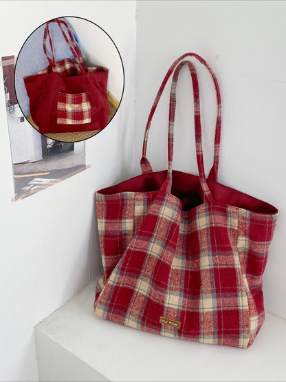 Cosbai – Dual-Side Tote Bag with Plaid Pattern