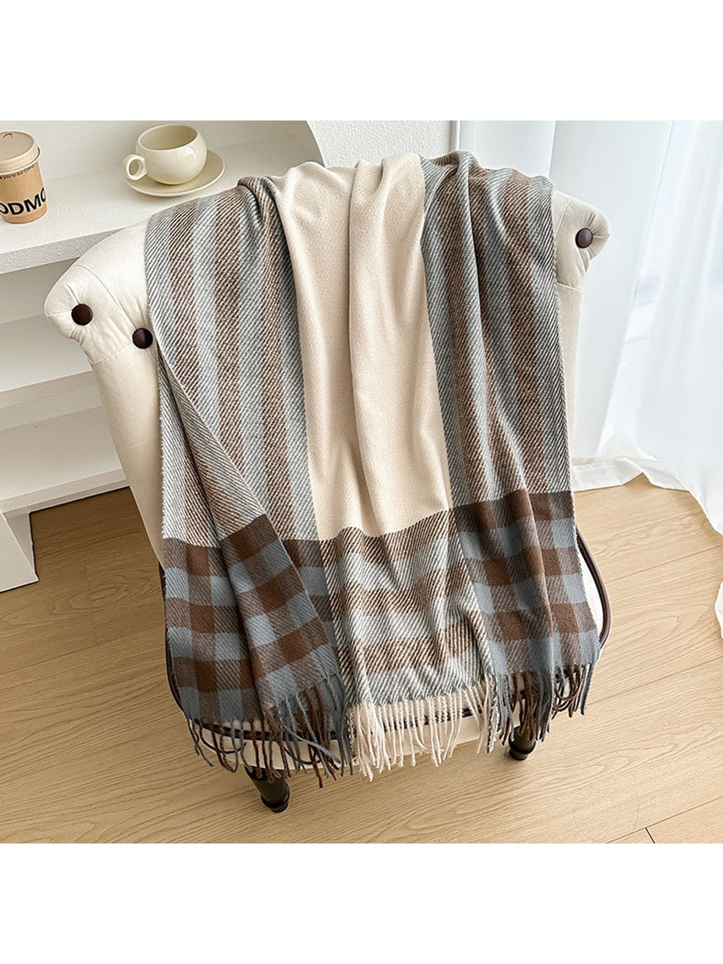 Scarvii - Checked Colorblock Tassel Shawl Scarf