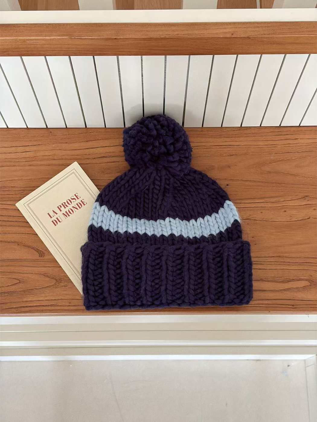 Haila - Contrast Stripe Chunky Knit Pom Pom Beanie