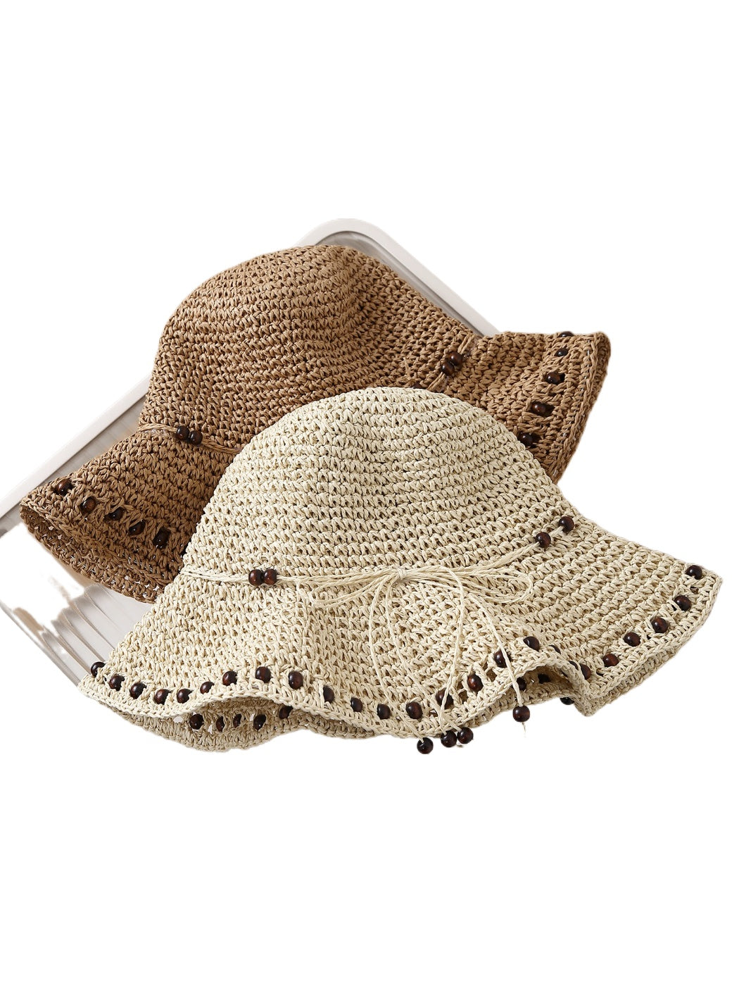 Side view of Haila beaded edge crochet bucket hat showing detailed beadwork