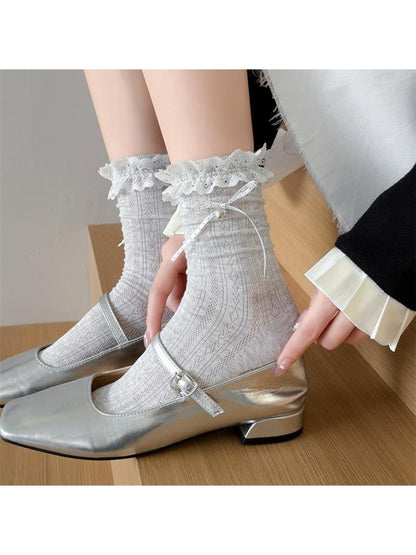 Rufia - Lace Ruffles Trim Bow Detail Crew Socks