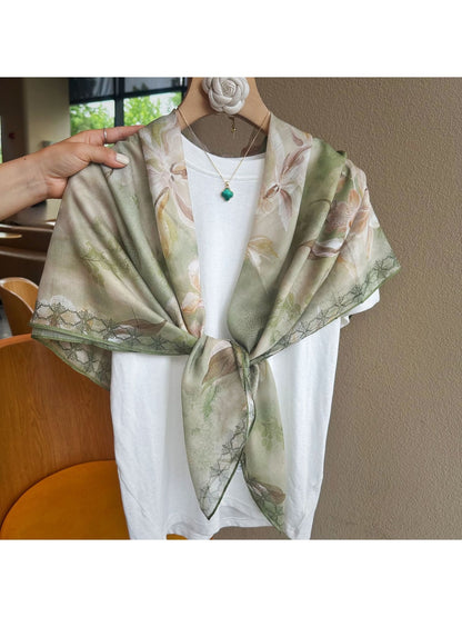Scarvii - Fresh Green Floral Print Square Scarf