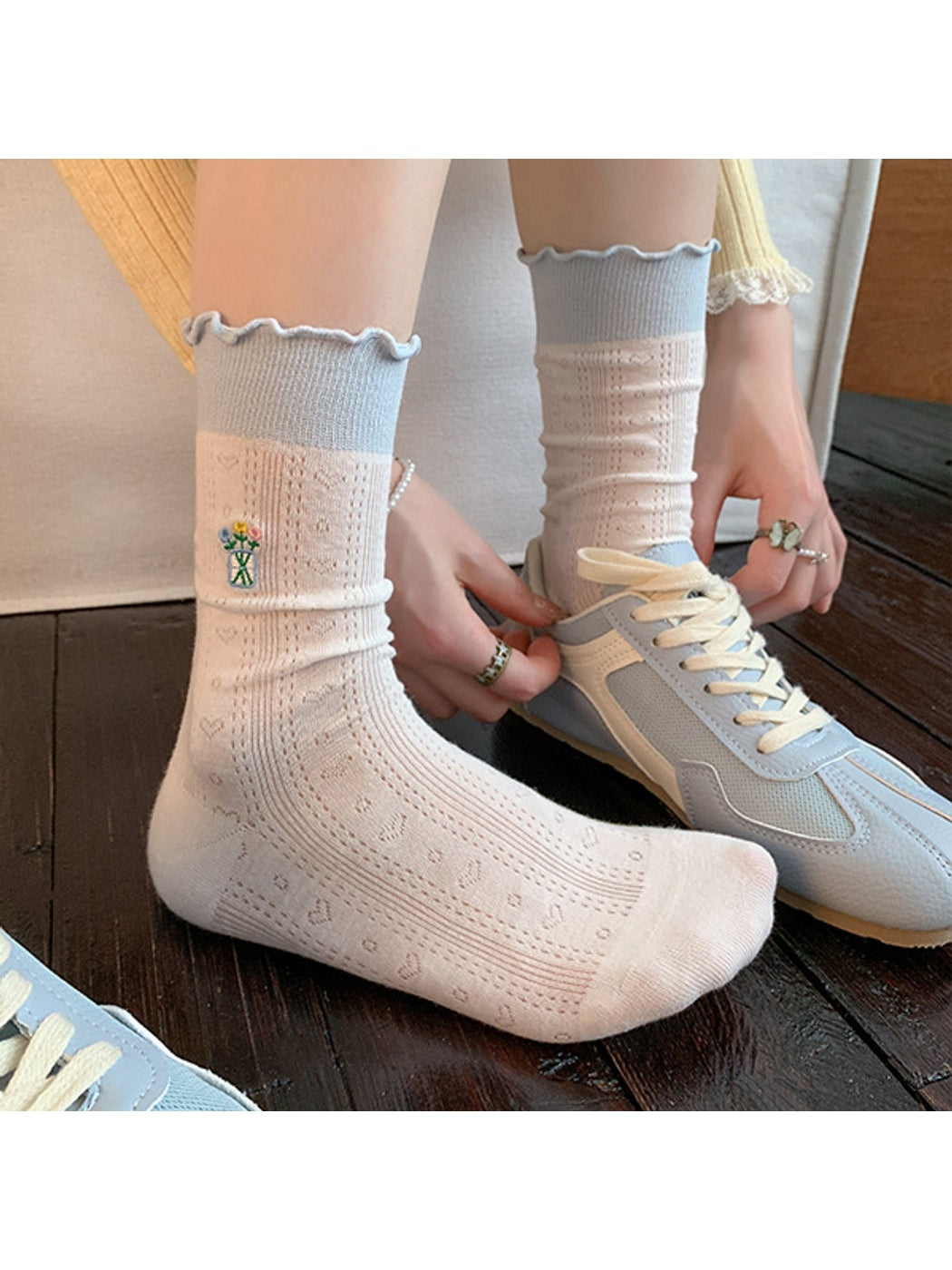 Rufia - Floral Embroidered Ruffle Crew Socks