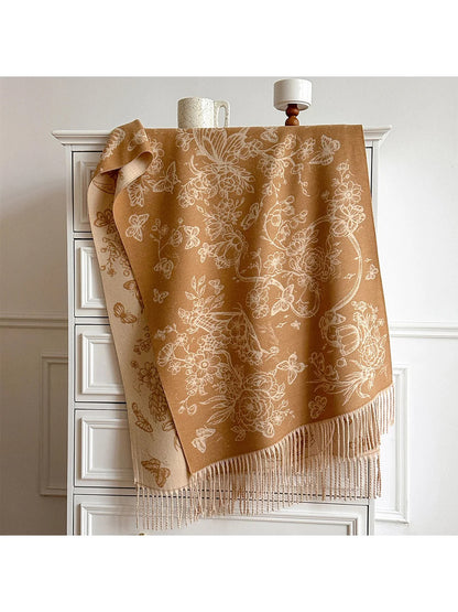 Scarvii - Floral Butterfly Print Fringe Scarf