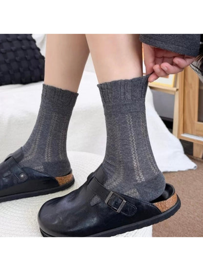 Rufia vintage pointelle crew socks worn on feet with casual shoes