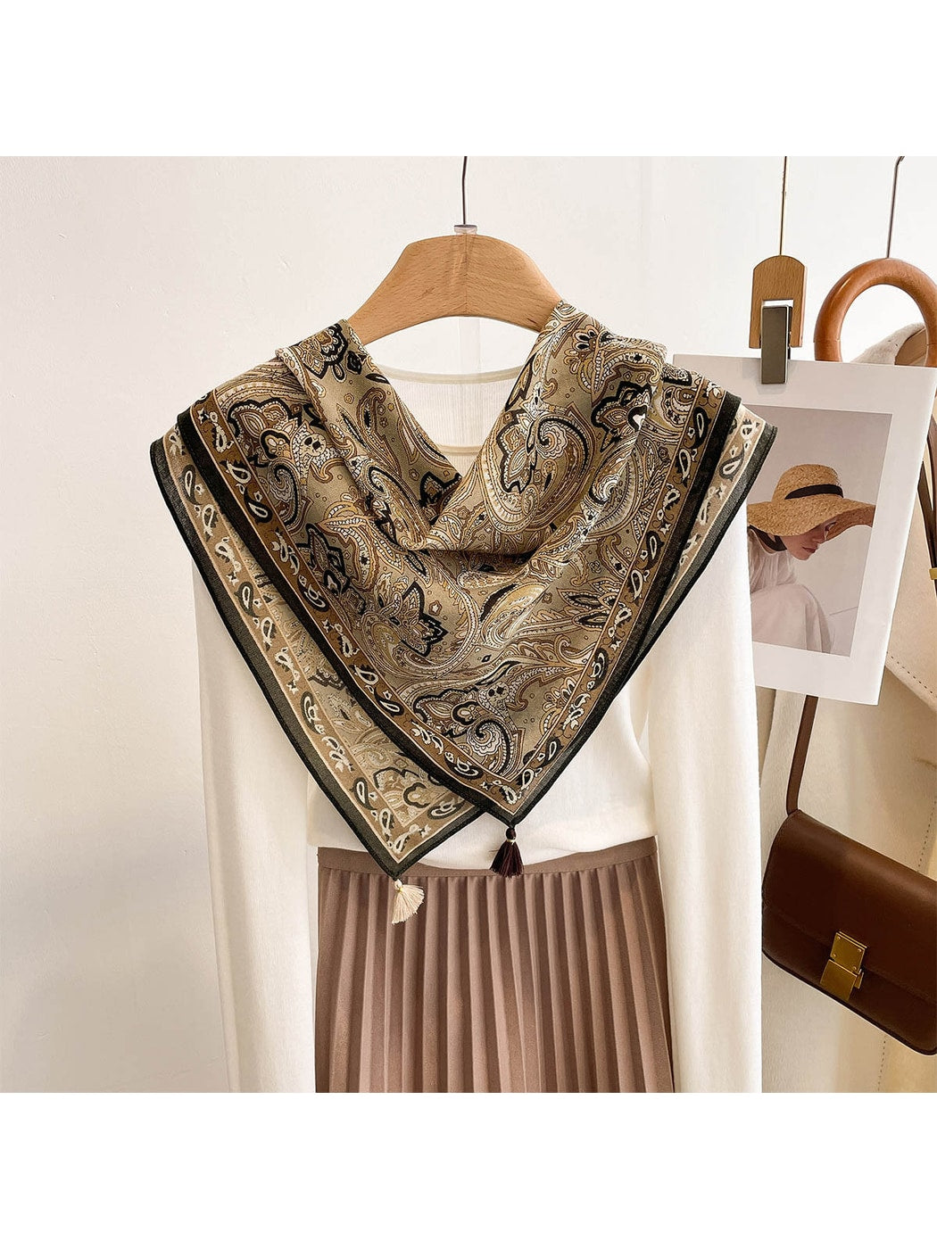 Scarvii - Vintage Khaki Paisley Print Square Scarf