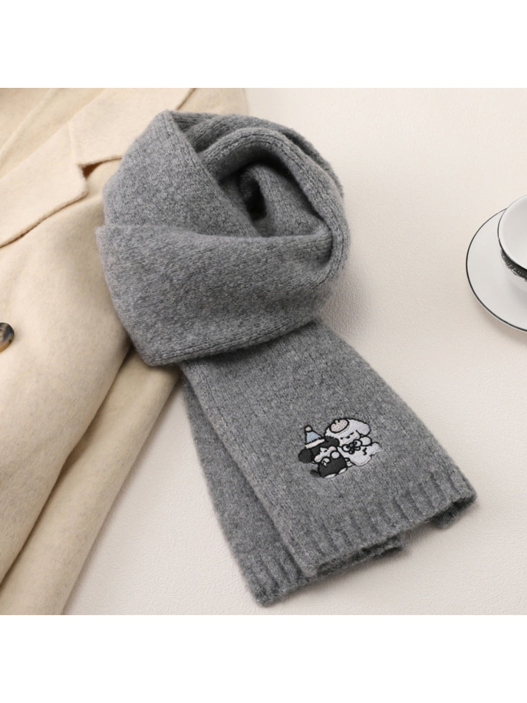 Scarvii Grey Scarf with Dog Embroidery