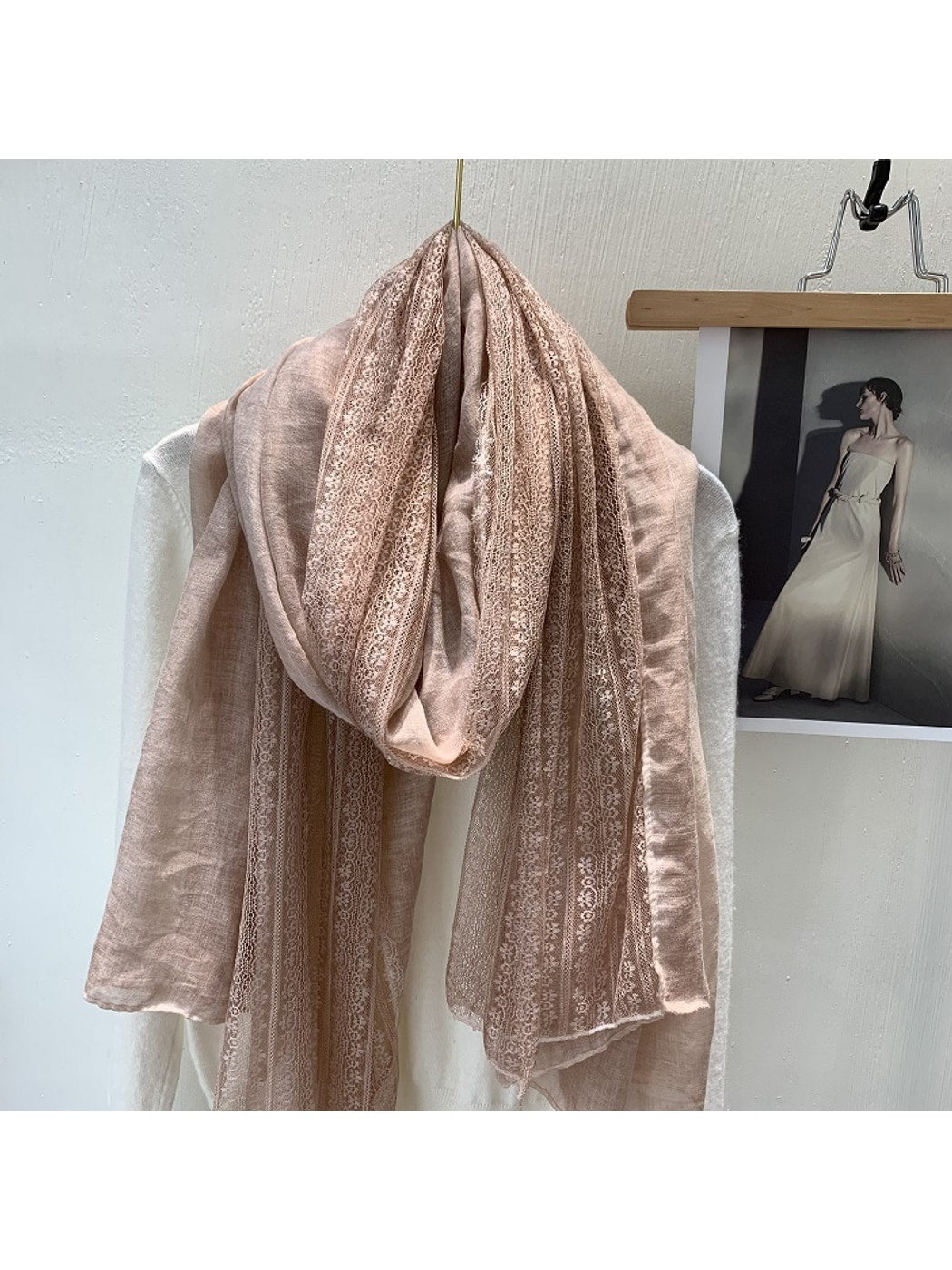 Scarvii - Lace Trim Solid Color Long Fashion Scarf