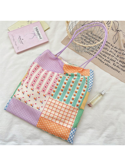 Close-up of Cosbai pastel patchwork shopper tote fabric texture and color variations