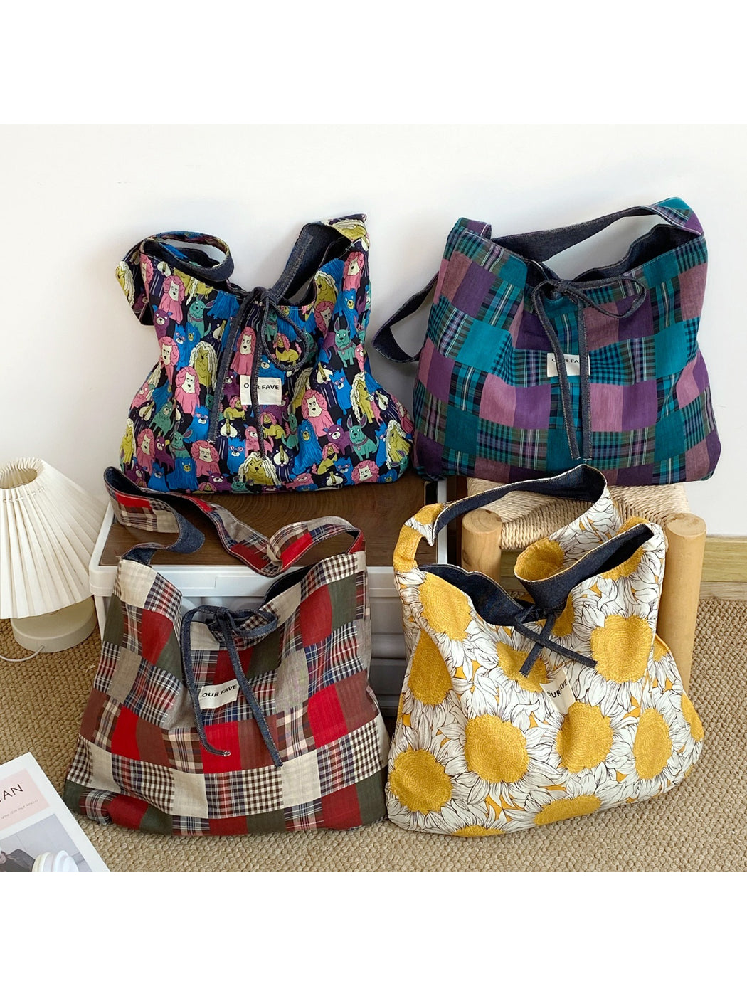 Cosbai Pattern Drawstring Bucket Bag front view with colorful geometric design