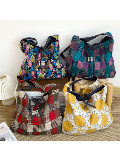 Cosbai Pattern Drawstring Bucket Bag front view with colorful geometric design