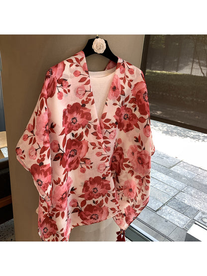 Scarvii - Rose Bloom Print Tassel Women's Scarf