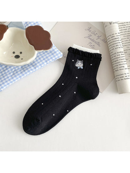 Rufia - Cute Cat Embroidery Polka Dot Ankle Socks