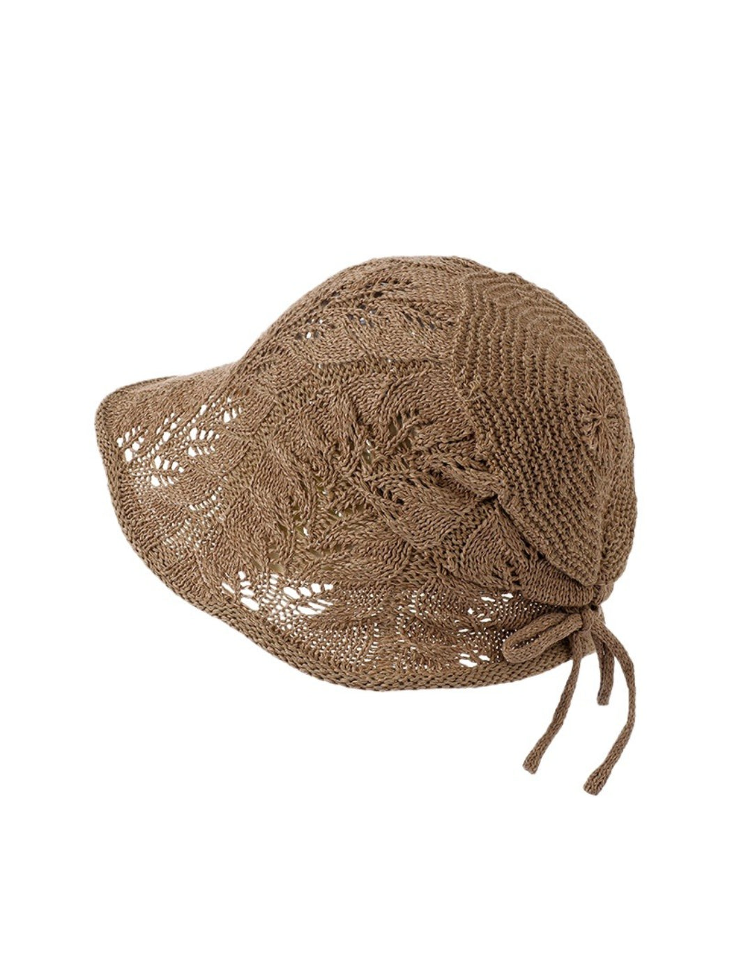 Close-up of knit texture and tie back on Haila beige hat
