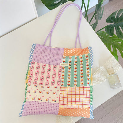 Cosbai patchwork floral check tote bag with mixed fabric patterns and dual handles