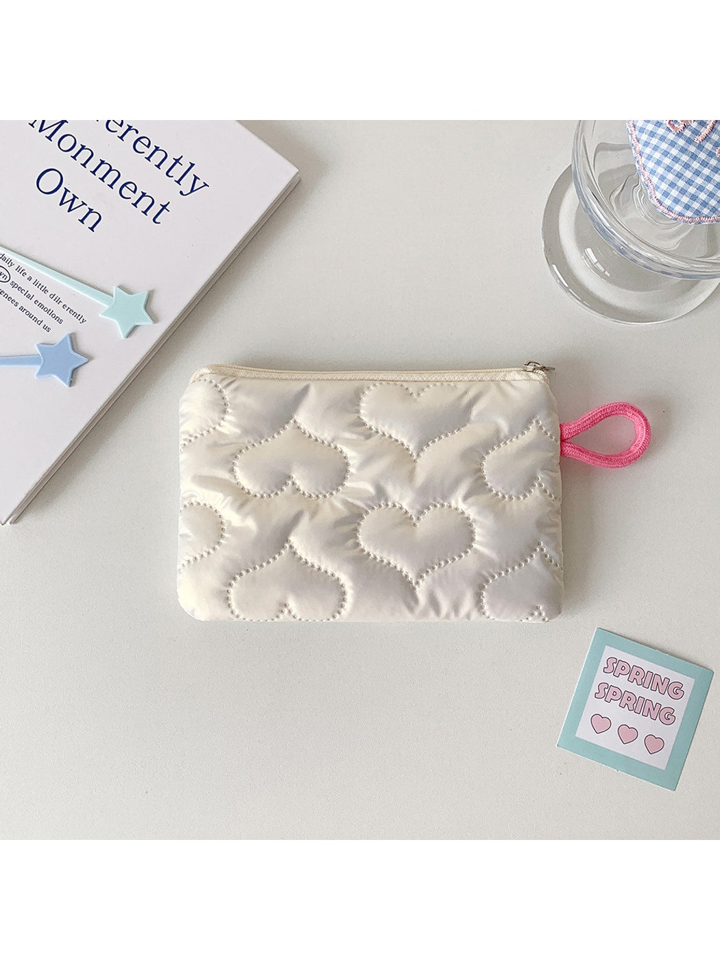 Cosbai - Quilted Heart Pattern Zip Pouch Bag