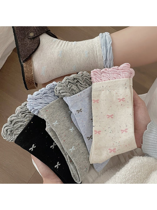 Rufia - Bow Pattern Ruffle Cuff Casual Crew Socks