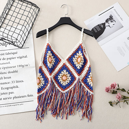 Crosa Bohemian Fringe Tassel Open-Knit Tank Top color options including GREEN, BLACK, BLUE