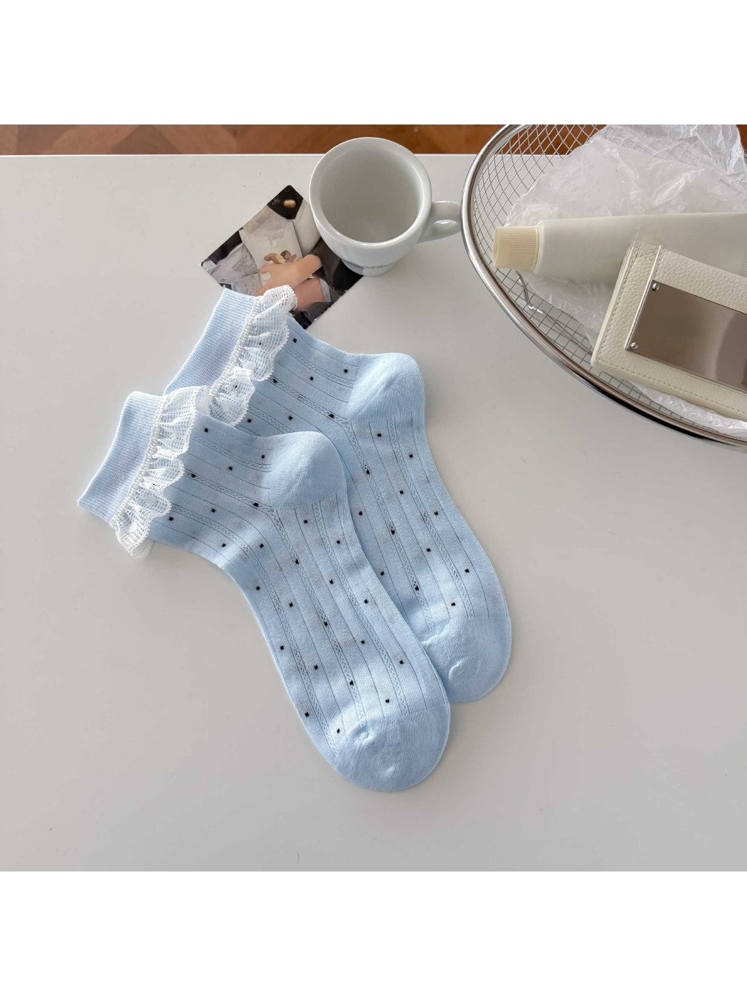 Rufia - Polka Dot Lace Trim Sweet Style Crew Socks