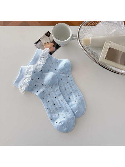 Rufia - Polka Dot Lace Trim Sweet Style Crew Socks
