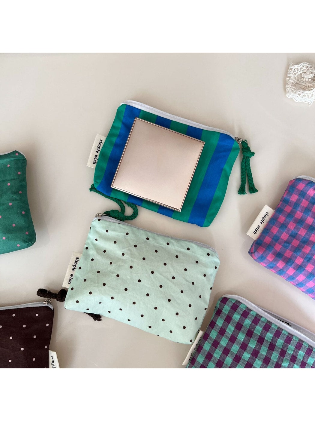 Cosbai - Polka Dot and Check Print Zip Pouch
